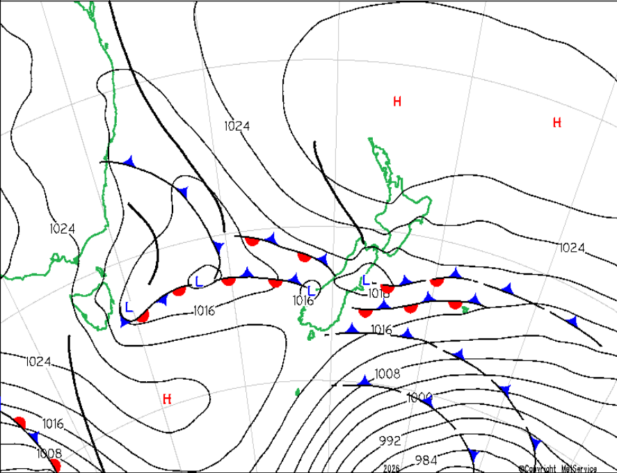 Screenshot of surface pressure chart showing series of fronts over South Island, NZ